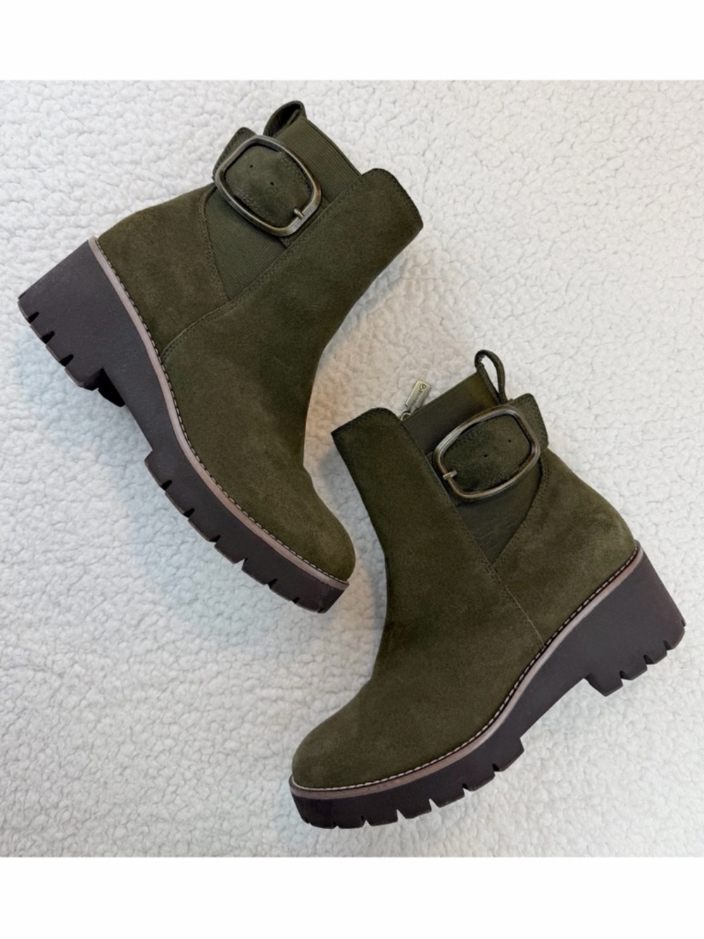 BLONDO • Olive Green Dahlia Waterproof Suede Lug Sole Ankle Boots w/ Buckle, 6.5